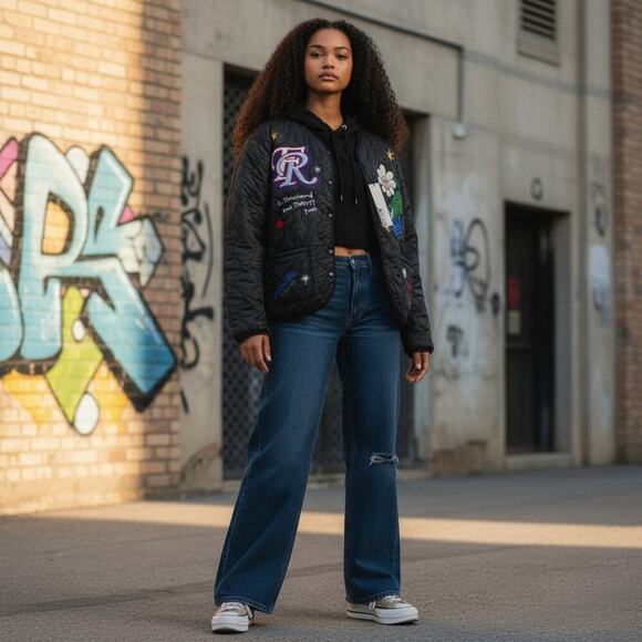 First Row Denim Sunshine Black Quilted Jacket Small Streetwear Bomber NWT - Picture 11 of 12